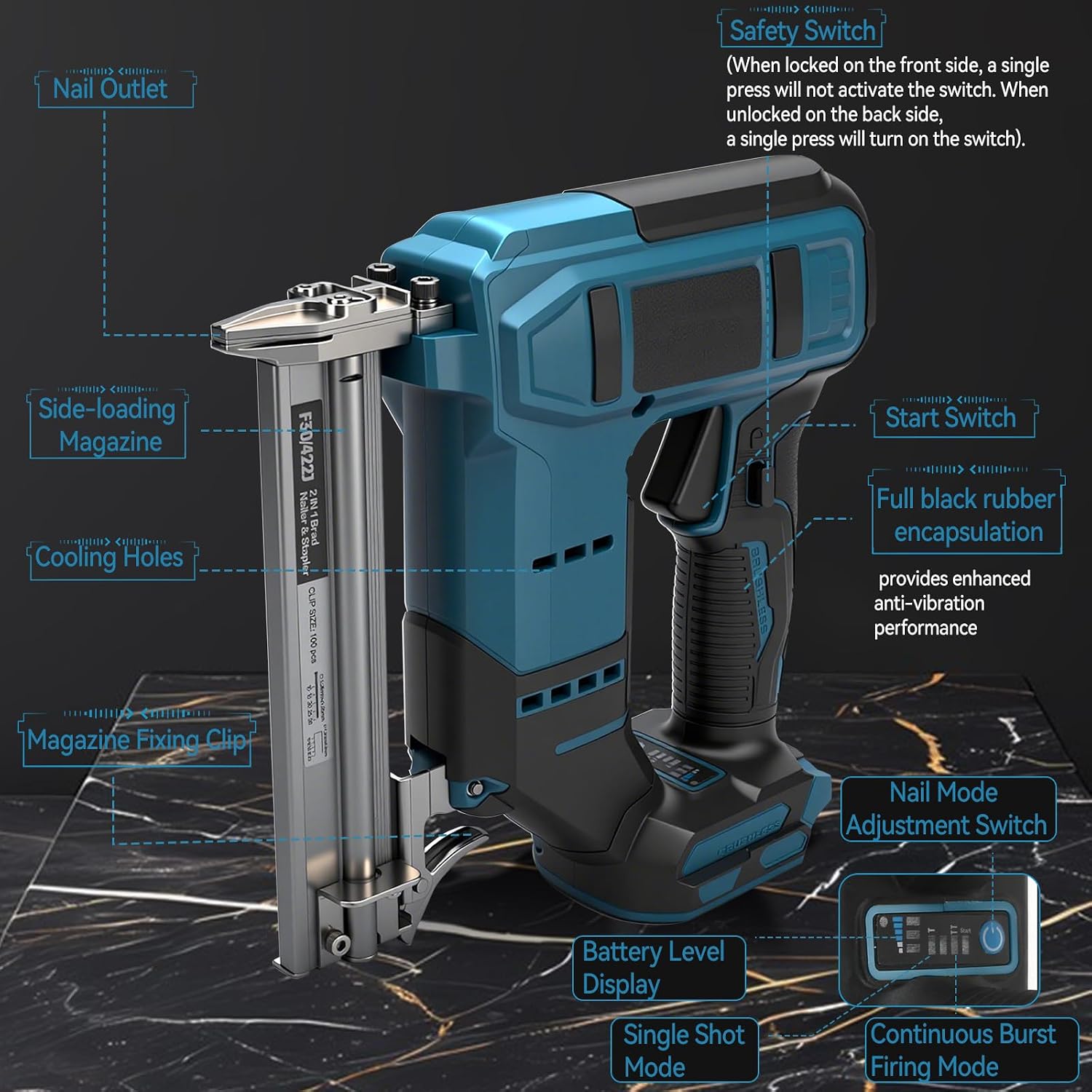 Cordless Brad Nailer for Makita 18V Battery (Tool Only), 2-in-1 Electric Nail/Staple Gun, 18 Gauge Brushless with 2000 Nails for Wood Carpentry, 2 Modes (for Makita)