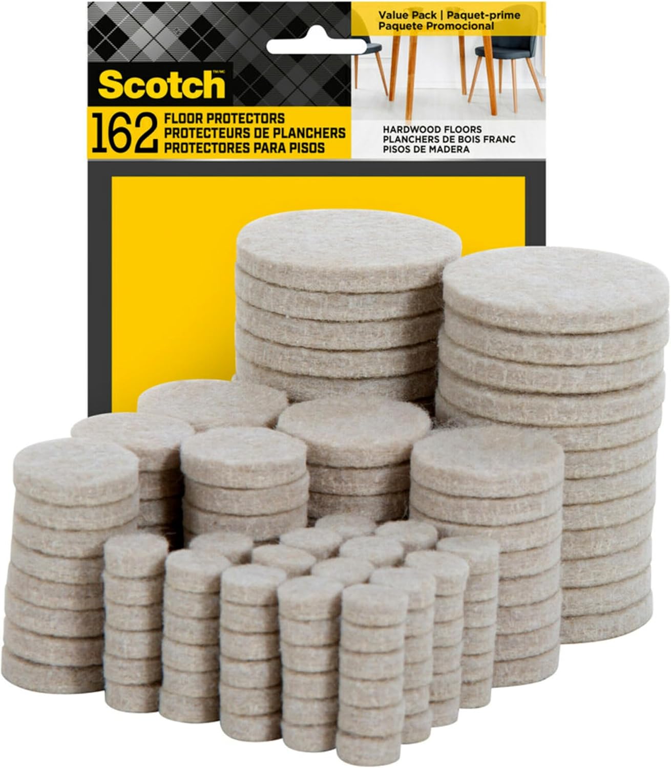 Scotch Felt Pads, Furniture Pads for Protecting Hardwood Floors, Round, Assorted Sizes, Self-Stick Design, Protecting from Nicks, Dents, Scratches (SP845-NA), Beige, 24 Pack (3888 Pieces)
