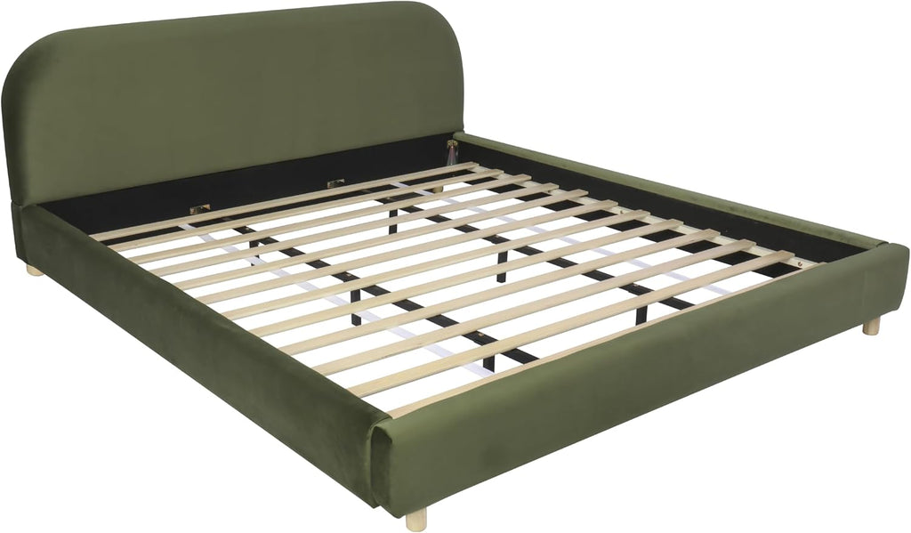 Merax Queen Size Velvet Fabric Upholstered Platform Bed with Curved Shaped Headboard, Wood Bed Frame with Solid Round Legs for Kids Teens Adults, Olive Green