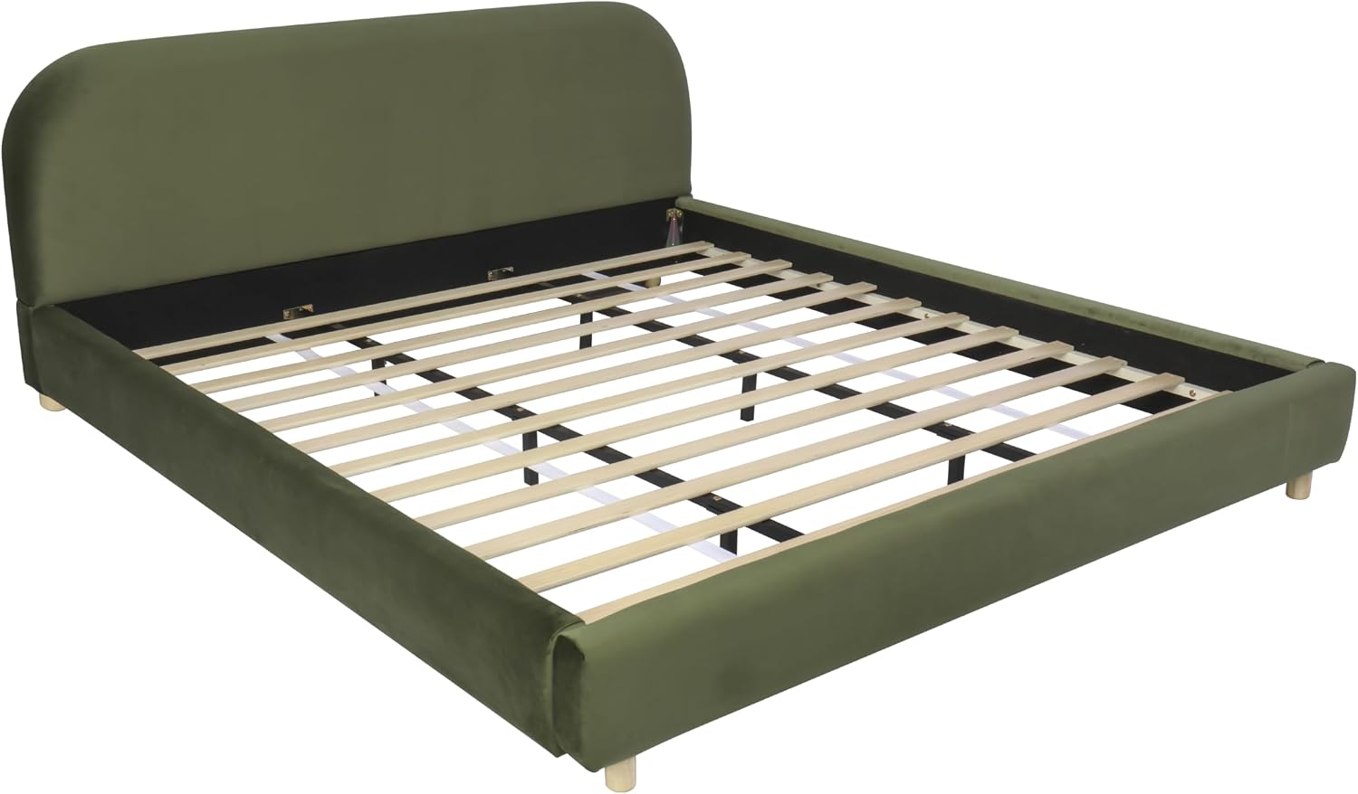 Merax King Size Teddy Fleece Thick Fabric Upholstered Platform Bed with Curved Shaped Headboard, Wood Bed Frame with Solid Round Legs for Kids Teens Adults, Olive Green