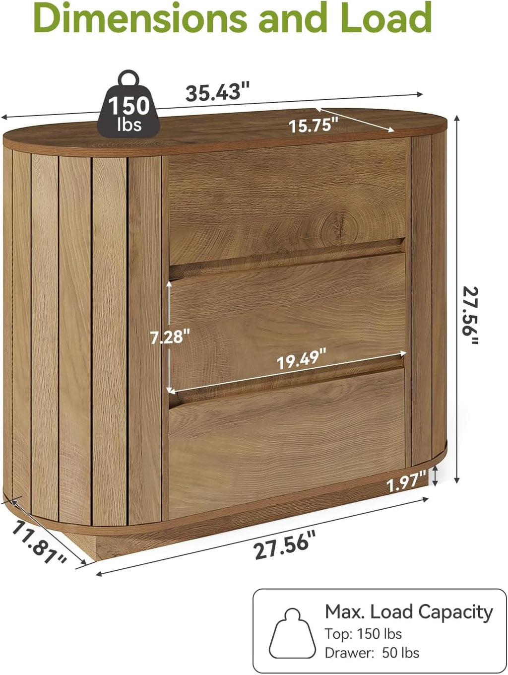 LITTLE TREE Large Nightstand, Oversized Night Stand Set 2, Slatted Side Design Wood Nightstand, 35' Wide End Tables, Modern Dresser with 3 Drawers for Bedroom,Entryway, Oak 2PCS