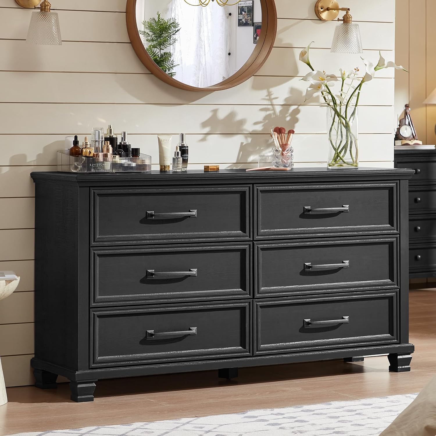 SAVOR LIFE Farmhouse Black Bedroom Sets of 4, Includes 6 Drawer Large Dresser, 2 Drawers Night Stand with Charging Station, Low 6 Chest of Drawers, Wood Rustic Dresser & Nightstand Set for Home