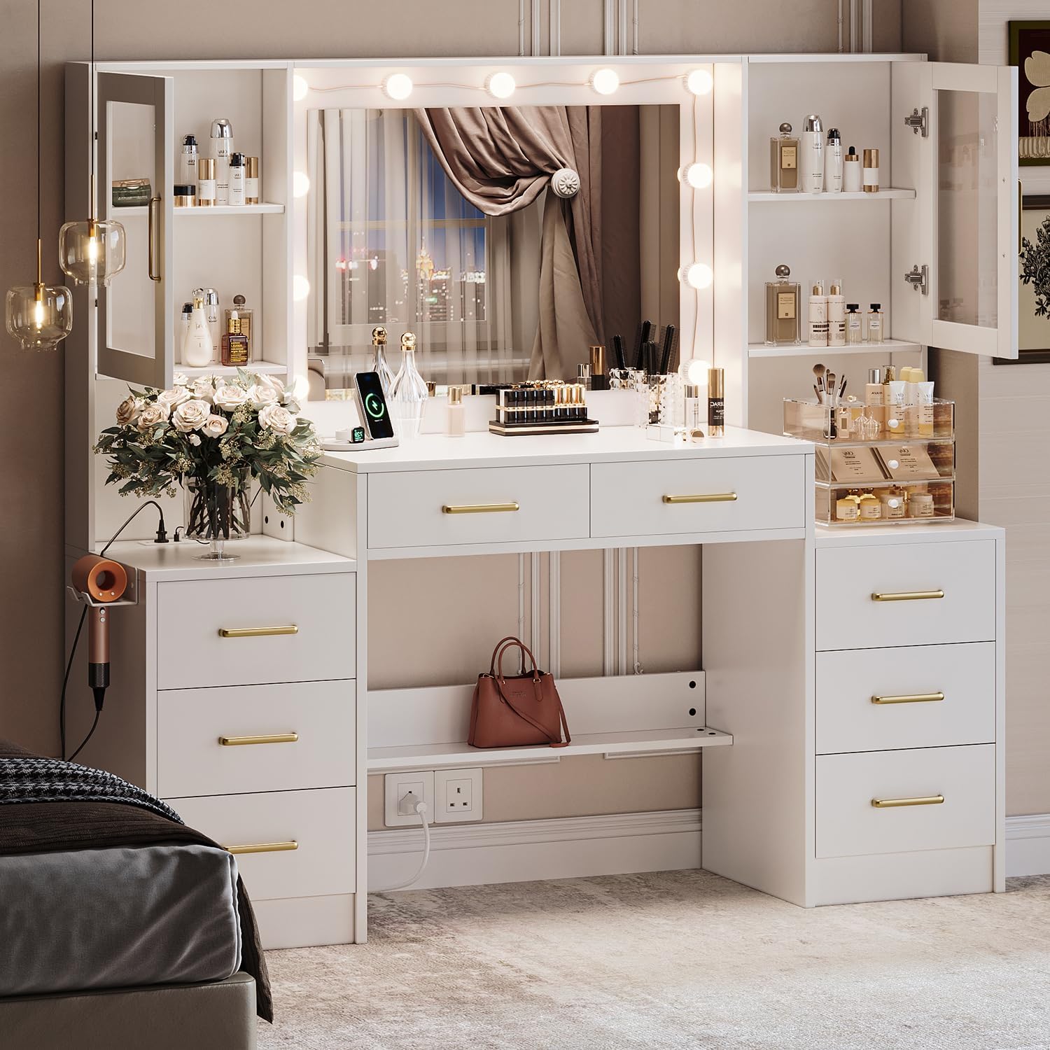 TOKSOM White Vanity Desk with Mirror, Lights & Charging Station, 58' 3 Lighting Modes Makeup Desk with 8 Drawers, 2 Cabinets and Lots Storage, Dressing Table Vanity Set with Lighted Mirror