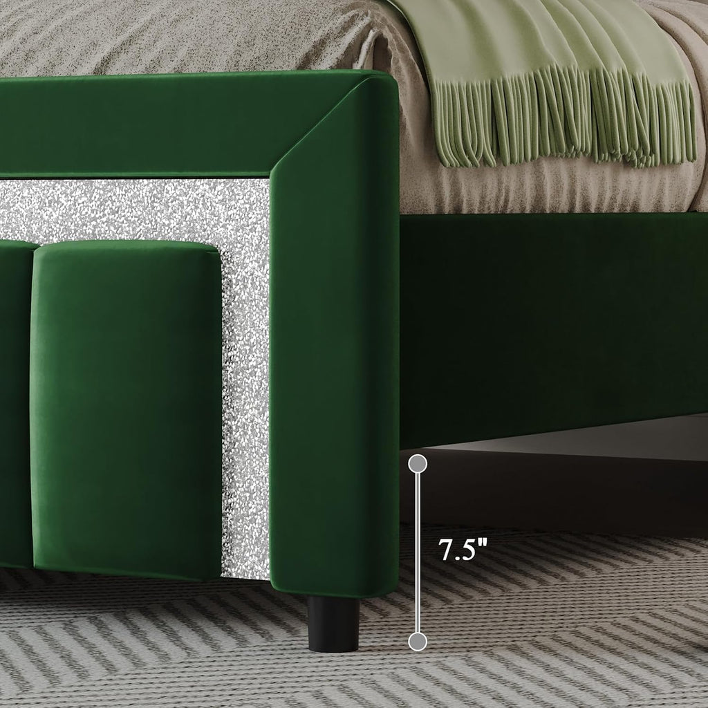 HOMBCK King Size Bed Frame with Diamond Headboard and Footboard, Velvet Upholstered Platform Bed with Wooden Slats, No Box Spring Needed, Easy Assembly, Green