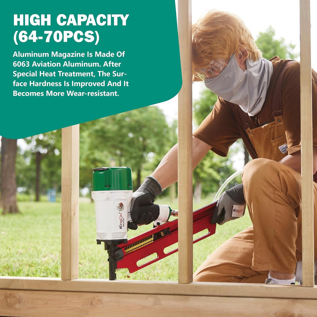KingOu Mexican Style NR2190 21 Degree Plastic Strip Framing Nailer Aluminum Magazine Framing Nail Gun Covers NR83A2 Pistola De Framing All Function