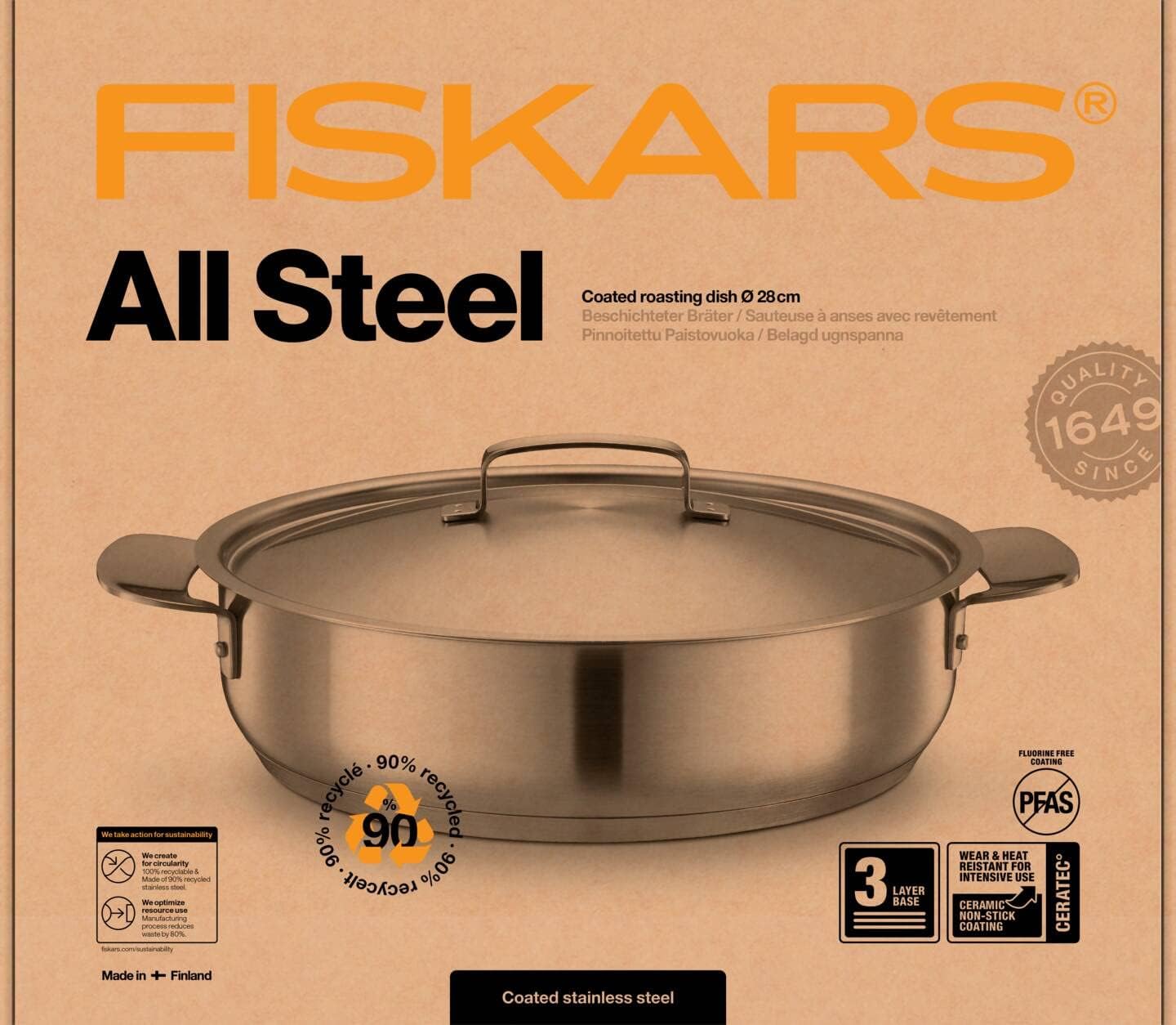 Fiskars Sauté Pan with Lid, Diameter 28 cm, Non-Stick, Suitable for All Cookers, Recycled Stainless Steel, Silver, 1064749