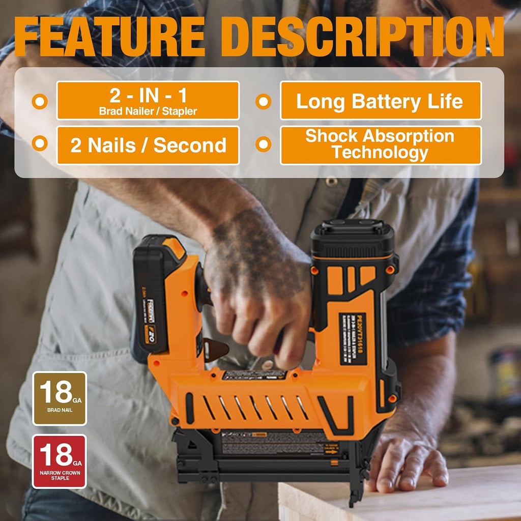 Freeman PE20V2118G2 20 Volt Cordless 2-in-1 18-Gauge Nailer/Stapler Kit with Lithium Ion Battery, Charger, Bag, and Fasteners (400 Count) – 1400 Shots per Charge