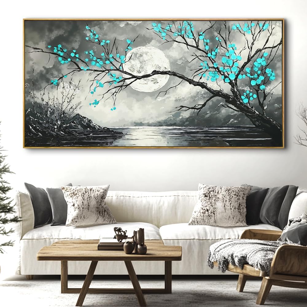 Abstract Moon Landscape Wall Art - Large Framed Canvas Painting for Living Room, Bedroom, Modern Artwork Decor - 60x30 Inch Ready-to-Hang