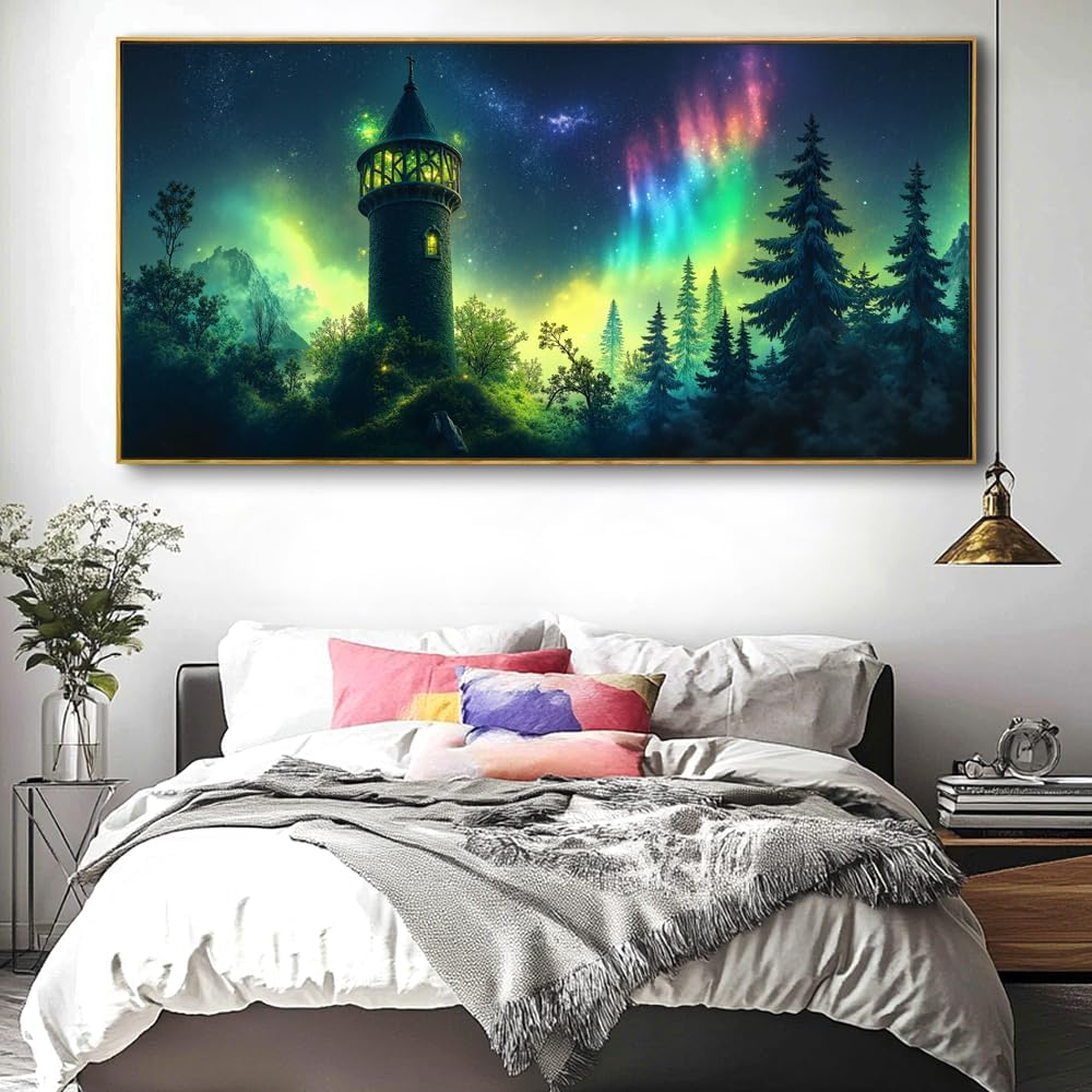 Aurora Landscape Wall Art - Framed Modern Canvas Painting for Living Room, Bedroom Home Office Decor, 60x30 Inch Ready to Hang