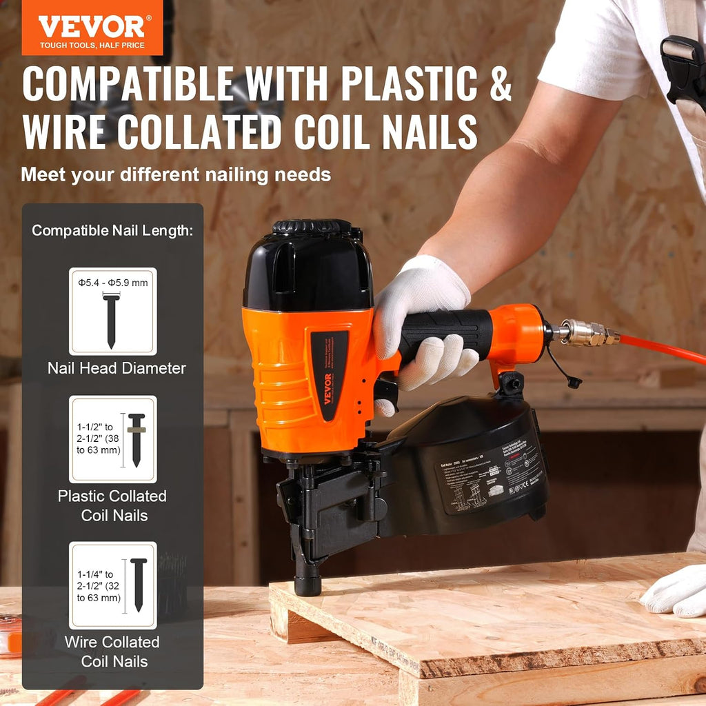 VEVOR Coil Siding Nailer CN65, 1-1/4' to 2-1/2' 15 Degree Pneumatic Siding Nail Gun with Tool-Less Depth Adjustment, 70-120PSI Air Coil Nailer for Siding, Pallet Sheathing, Wooding, Fencing, Decking