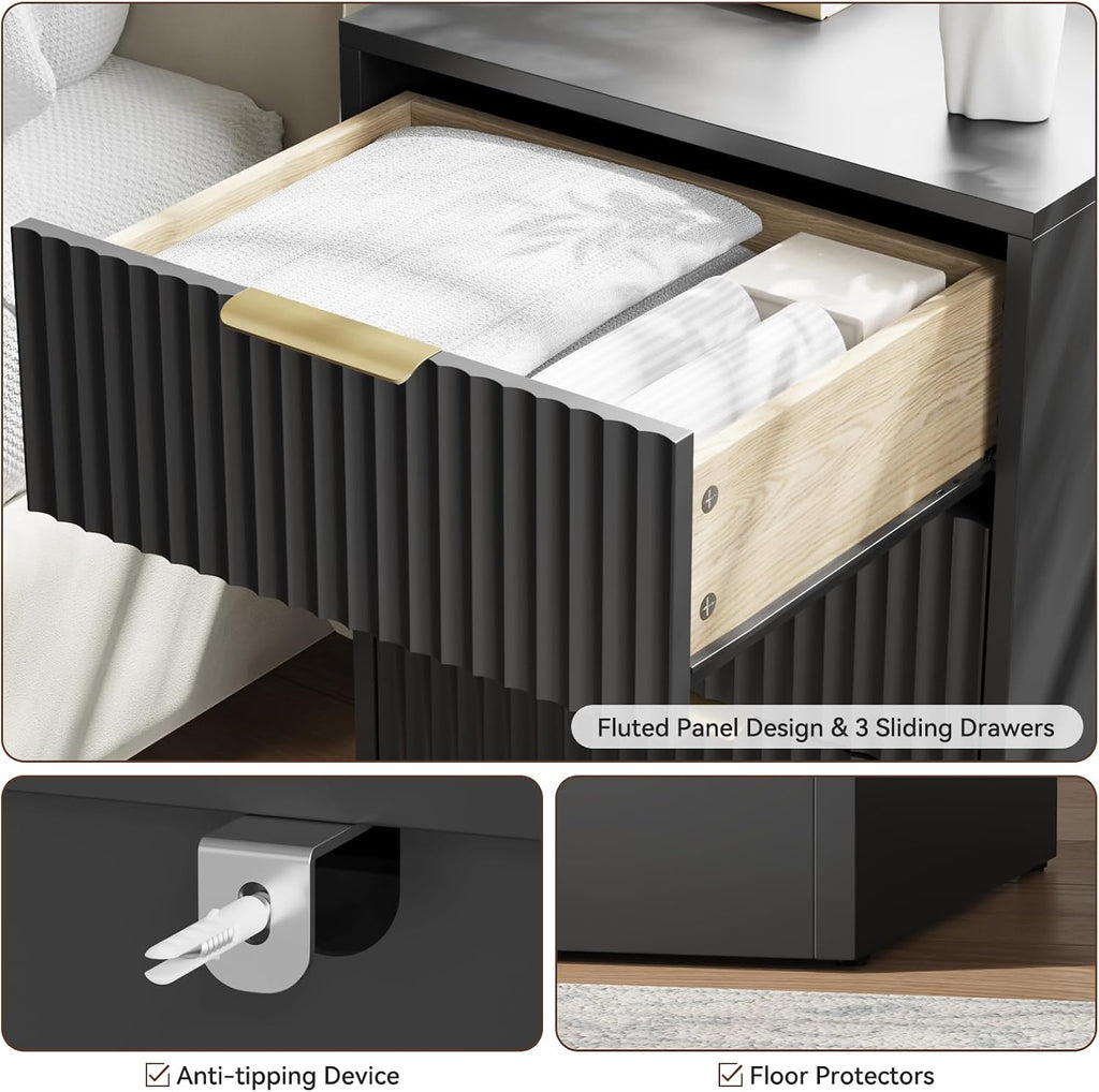 Black Fluted Dresser & Nightstand Set 3-Piece, Long 6 Drawer Dresser and Night Stand Set of 2 with Metal Handle, Fluted Modern Wood Chest of Drawers Storage Dressers Set for Bedroom, Black