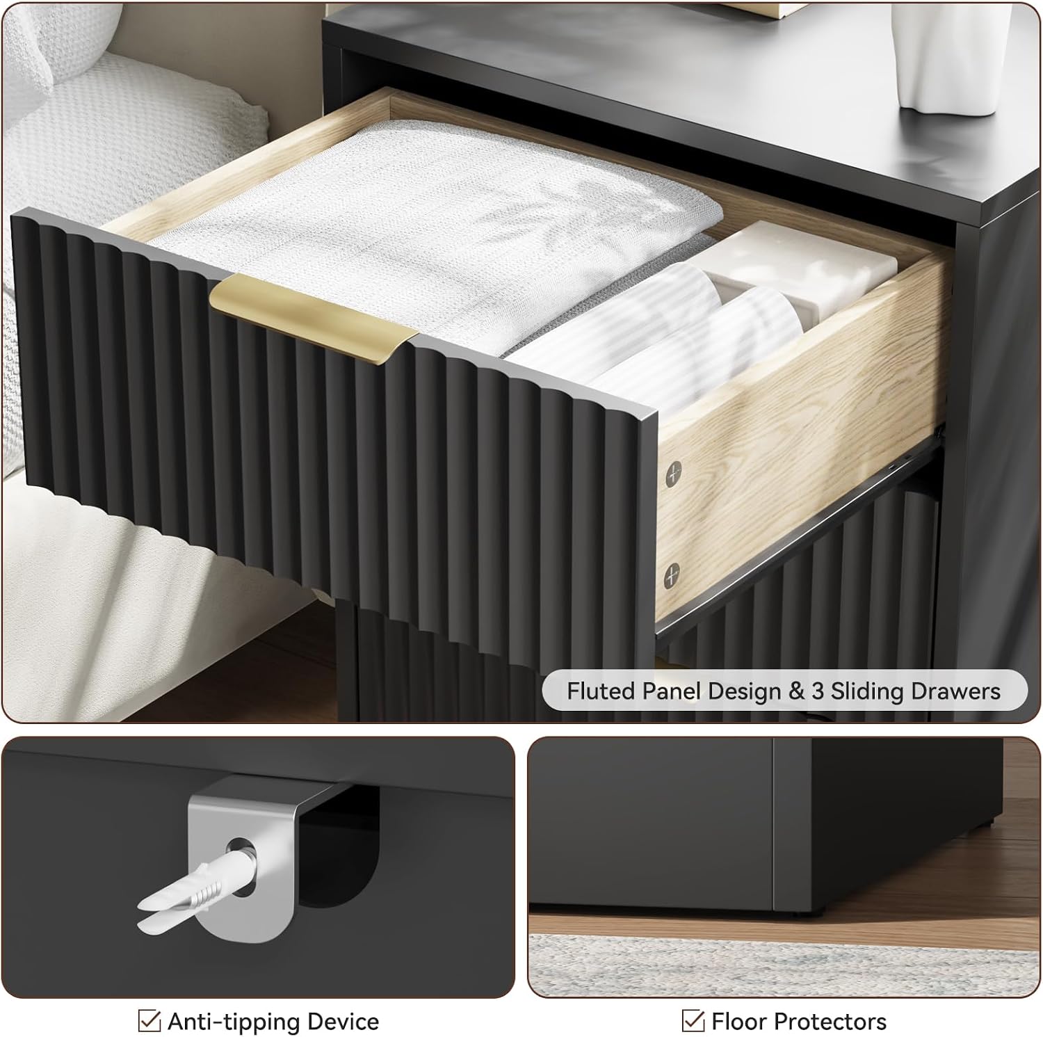 Black Fluted Dresser & Nightstand Set 3-Piece, Long 6 Drawer Dresser and Night Stand Set of 2 with Metal Handle, Fluted Modern Wood Chest of Drawers Storage Dressers Set for Bedroom, Black
