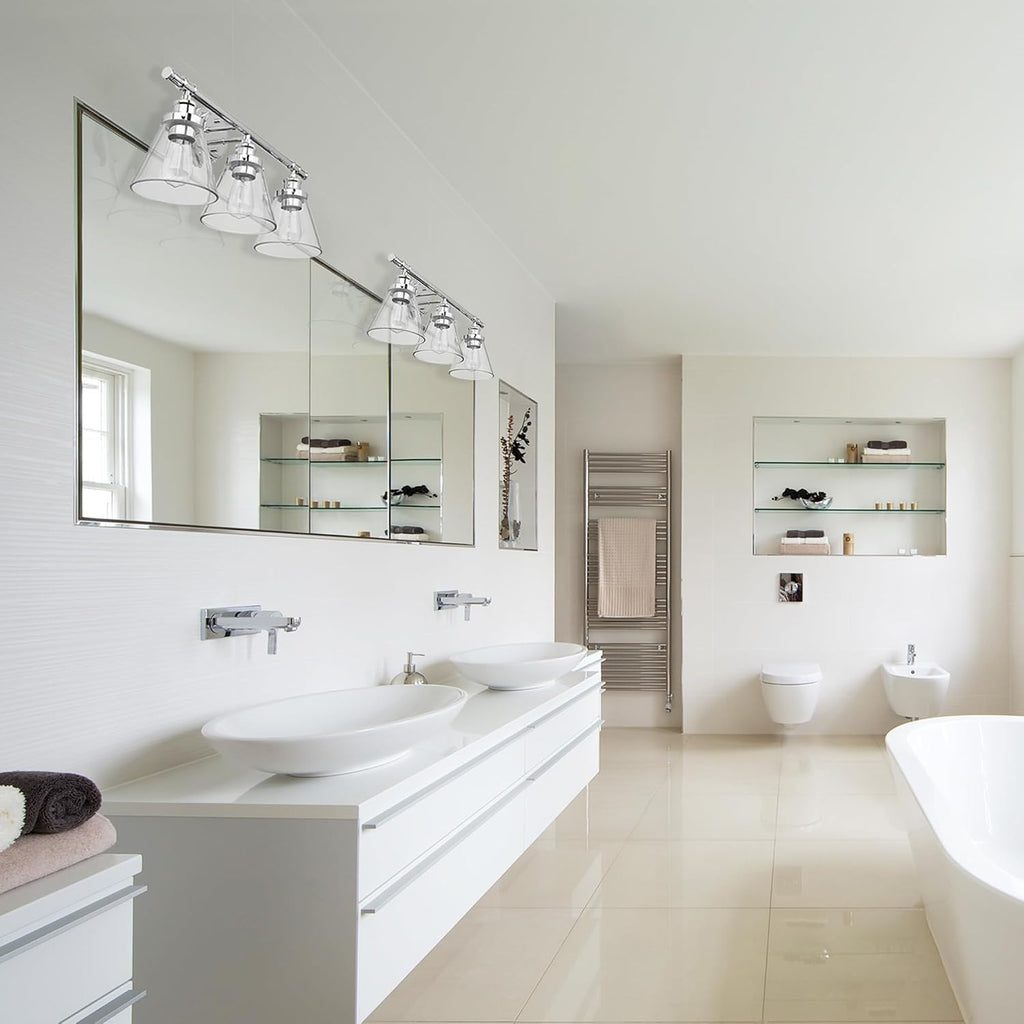 Globe Electric 51234 5-Piece All-in-One Bathroom Set, Chrome, 23' 3-Light Vanity Wall Light with Clear Glass Shades, Towel Bar and Ring, Robe Hook, Toilet Paper Holder, Beauty Room Accessories