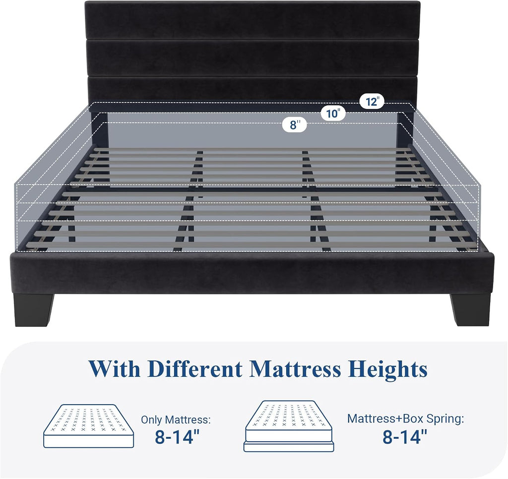 Allewie King Size Platform Bed Frame with Velvet Upholstered Headboard and Wooden Slats Support, Fully Upholstered Mattress Foundation/No Box Spring Needed/Easy Assembly, Black