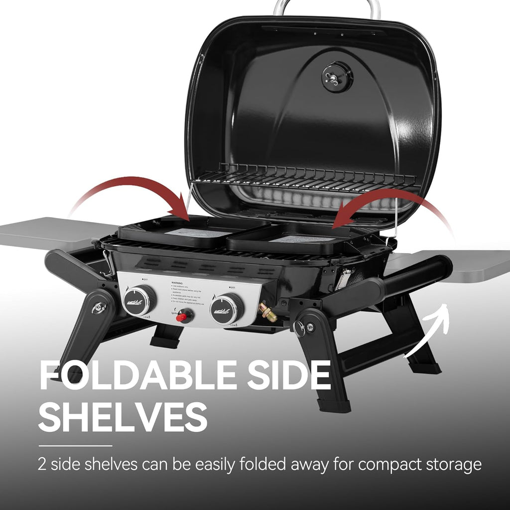 Royal Gourmet GT2005 2 Burner Portable Propane Gas Grill with 24 Inch Tabletop Cover Bundle - Foldable Tables & Legs, 270 sq. in. Cooking Area, Black