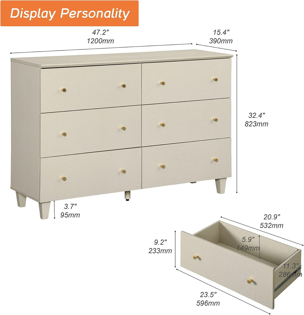 WAMPAT Dresser and Nightstands 3 Pieces, Wooden Dresser with 6 Drawers, Set of 2 Night Stands with Charging Stations, Bedroom Chest of Drawers and Wood Bedside Tables Set, Beige Linen Textured