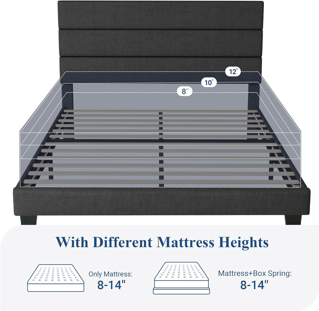 Allewie Queen Size Platform Bed Frame with Fabric Upholstered Headboard and Wooden Slats Support, Fully Upholstered Mattress Foundation/No Box Spring Needed/Easy Assembly, Dark Grey