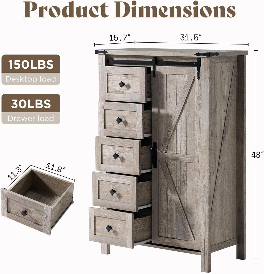 AMERLIFE 2PCS Farmhouse Dresser Set with Sliding Barn Doors, Bedroom Sets Include 47'' Dresser with 4 Drawers, 5-Drawer Tall Dresser, Light Rustic Oak