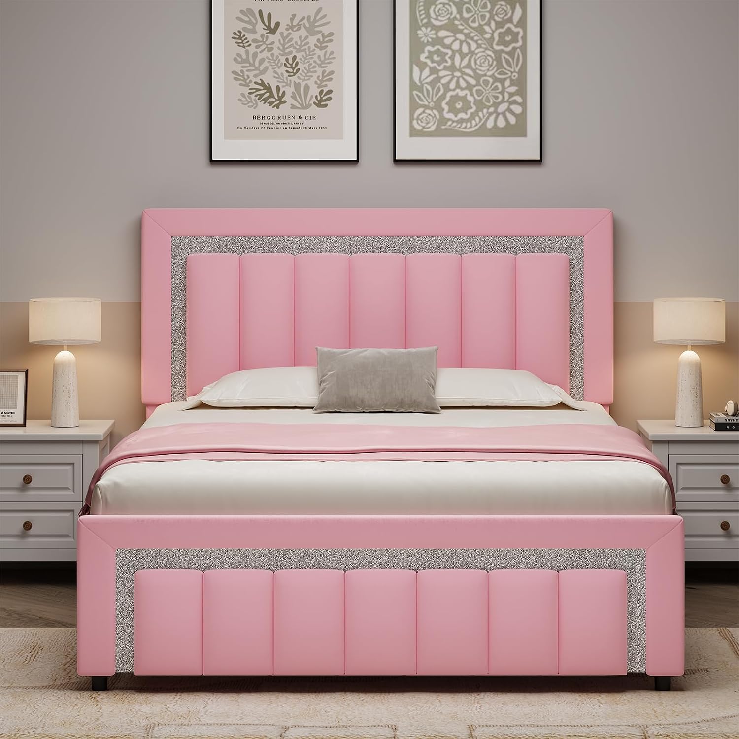 HOMBCK Full Size Bed Frame with LED Lights and Velvet Upholstered Adjustable Headboard, Bed Frame Full with Diamond Headboard & Footboard, Wooden Slats Support, Noise Free, No Box Spring Needed, Pink