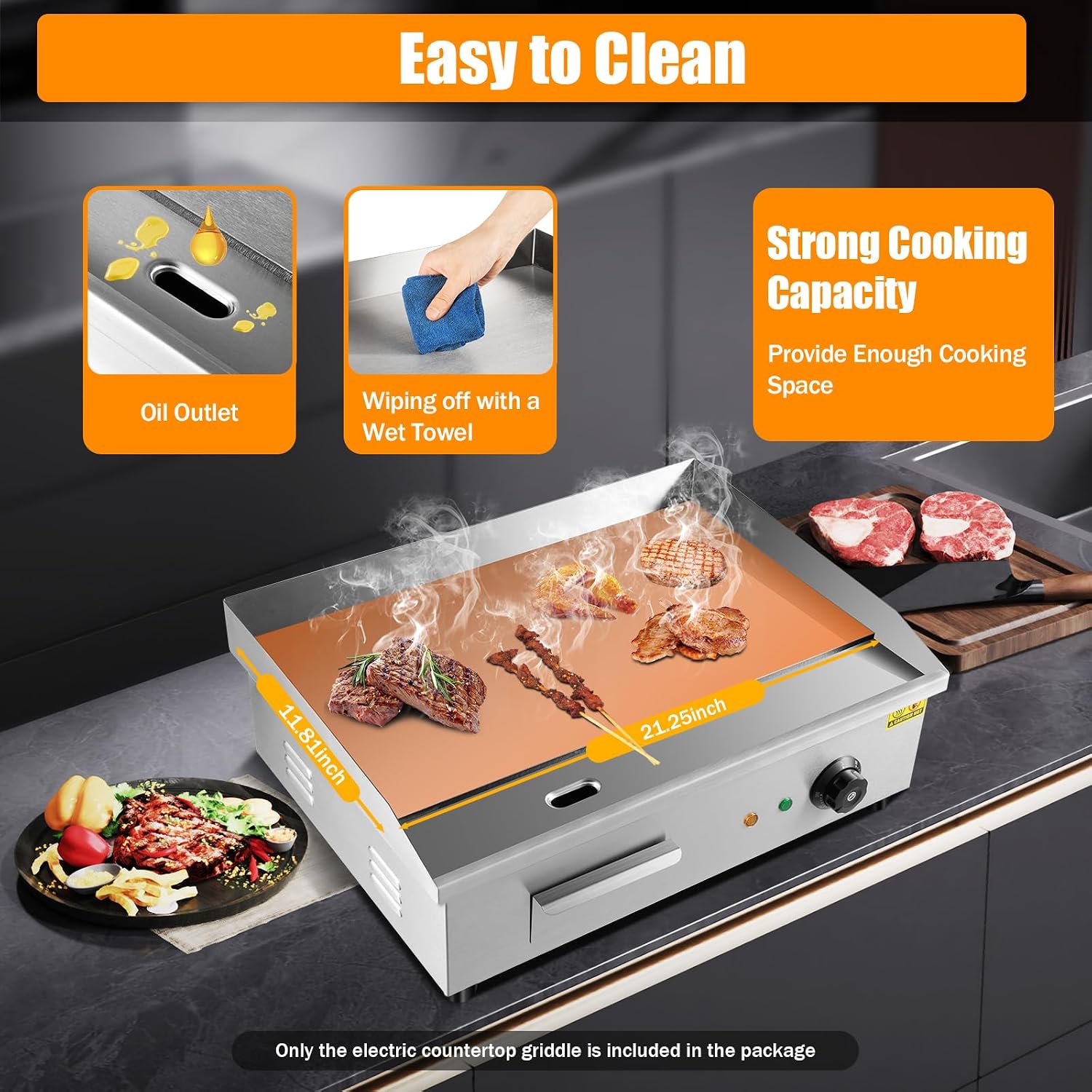 22' Commercial Electric Griddle 3000W Restaurant Countertop Griddle Stainless Steel Flat Top Grill Adjustable Temperature Control 122°F-572°F for Fast Food Restaurants Canteens