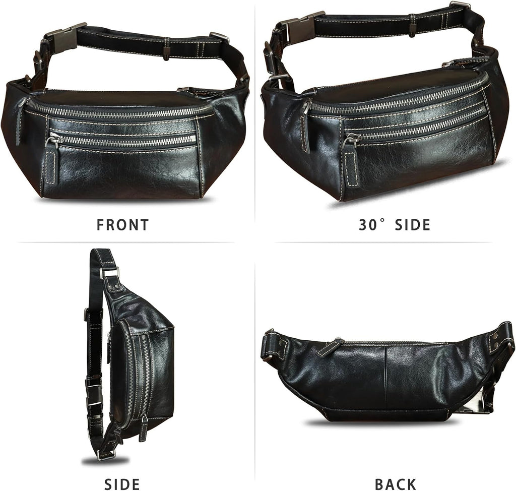Genuine Leather Fanny Pack for Women and Men Vintage Real Leather Waist Bag Hip Bum Crossbody Sling Bags (Black)