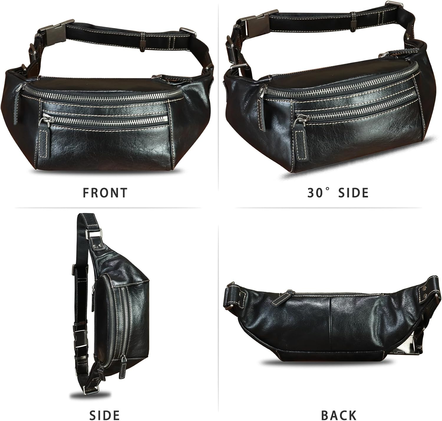 Genuine Leather Fanny Pack for Women and Men Vintage Real Leather Waist Bag Hip Bum Crossbody Sling Bags (Black)