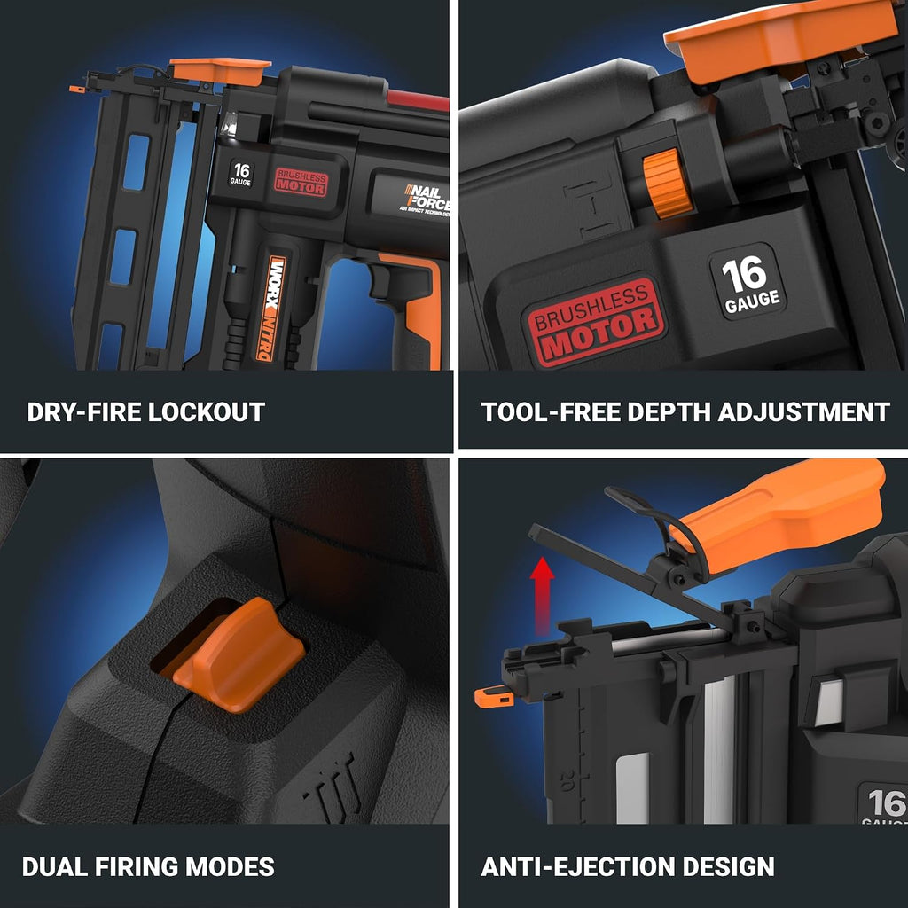 Worx Nitro 20V 16GA Finish Nailer Cordless 70 Nails/Min Sinks Up to 2-1/2', Compact Cordless Nail Gun w/Tool-Free Jam Release, Brushless Nail Gun Battery Powered WX841L.9 – Tool Only