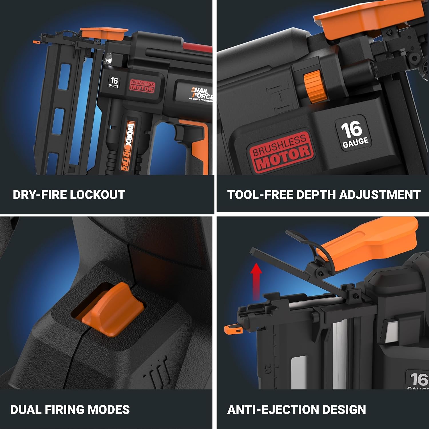 Worx Nitro 20V 16GA Finish Nailer Cordless 70 Nails/Min Sinks Up to 2-1/2', Compact Cordless Nail Gun w/Tool-Free Jam Release, Brushless Nail Gun Battery Powered WX841L – Battery & Charger Included