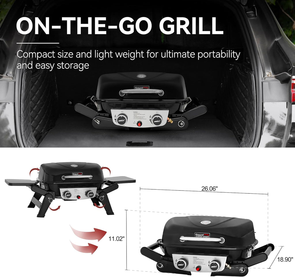 Royal Gourmet GT2005 2 Burner Portable Propane Gas Grill with 24 Inch Tabletop Cover Bundle - Foldable Tables & Legs, 270 sq. in. Cooking Area, Black