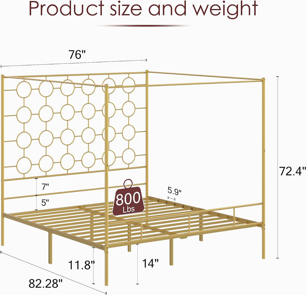 Gold Metal Canopy Bed Frame King/Mattress Foundation with Steel Slat Support/No Box Spring Needed/Easy Assembly (Gold, King)