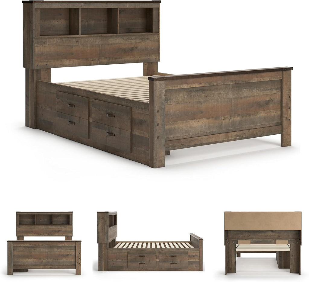Signature Design by Ashley Trinell Casual Full Bookcase Platform Bed with 2 Storage Drawers and Nailheads, Foundation or Box Spring Not Needed, Dark Brown