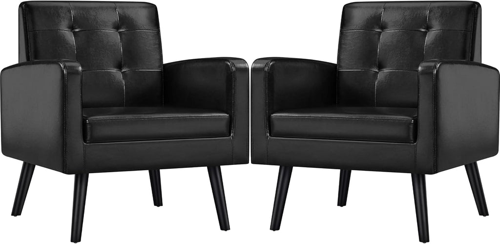 Yaheetech Mid-Century Accent Chairs, PU Leather Modern Upholstered Living Room Chair, Cozy Armchair Button Tufted Back and Wood Legs for Bedroom/Office/Cafe Black 2PCS