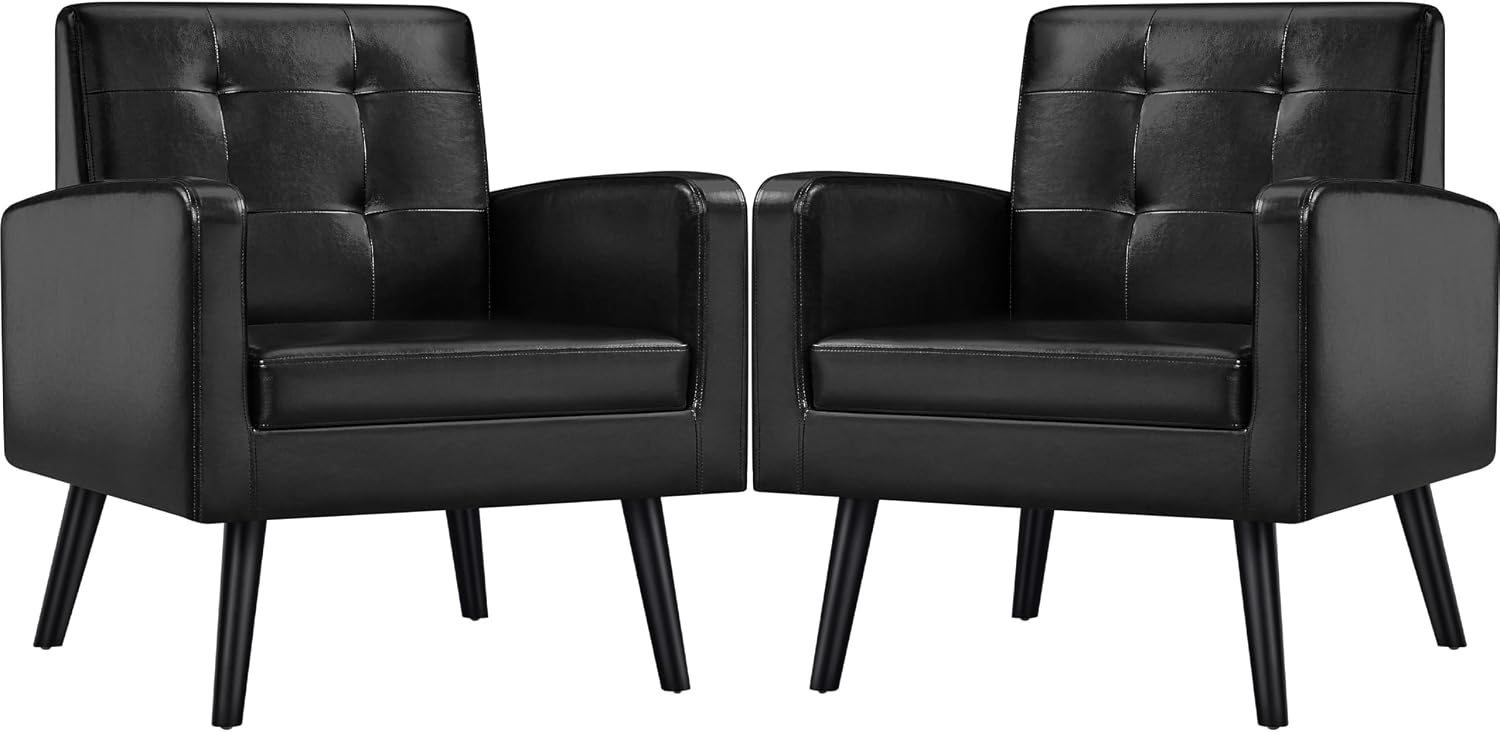 Yaheetech Mid-Century Accent Chairs, PU Leather Modern Upholstered Living Room Chair, Cozy Armchair Button Tufted Back and Wood Legs for Bedroom/Office/Cafe Black 2PCS