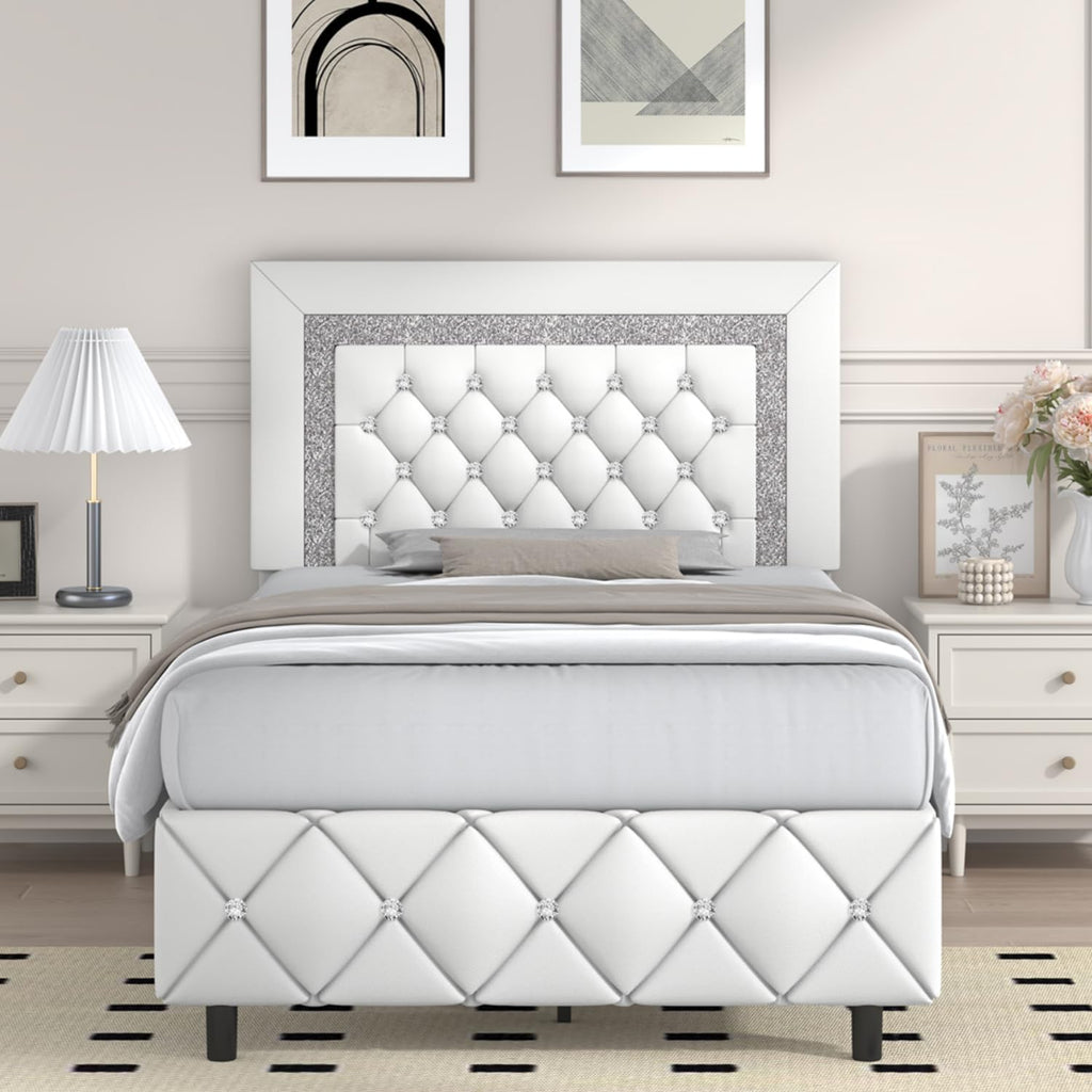 Twin Bed Frame, Faux Leather Platform Bed with Upholstered Diamond Headboard, Mattress Foundation with Strong Wooden Slats Support, No Box Spring Required, Easy Assembly, White