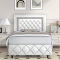 Twin Bed Frame, Faux Leather Platform Bed with Upholstered Diamond Headboard, Mattress Foundation with Strong Wooden Slats Support, No Box Spring Required, Easy Assembly, White