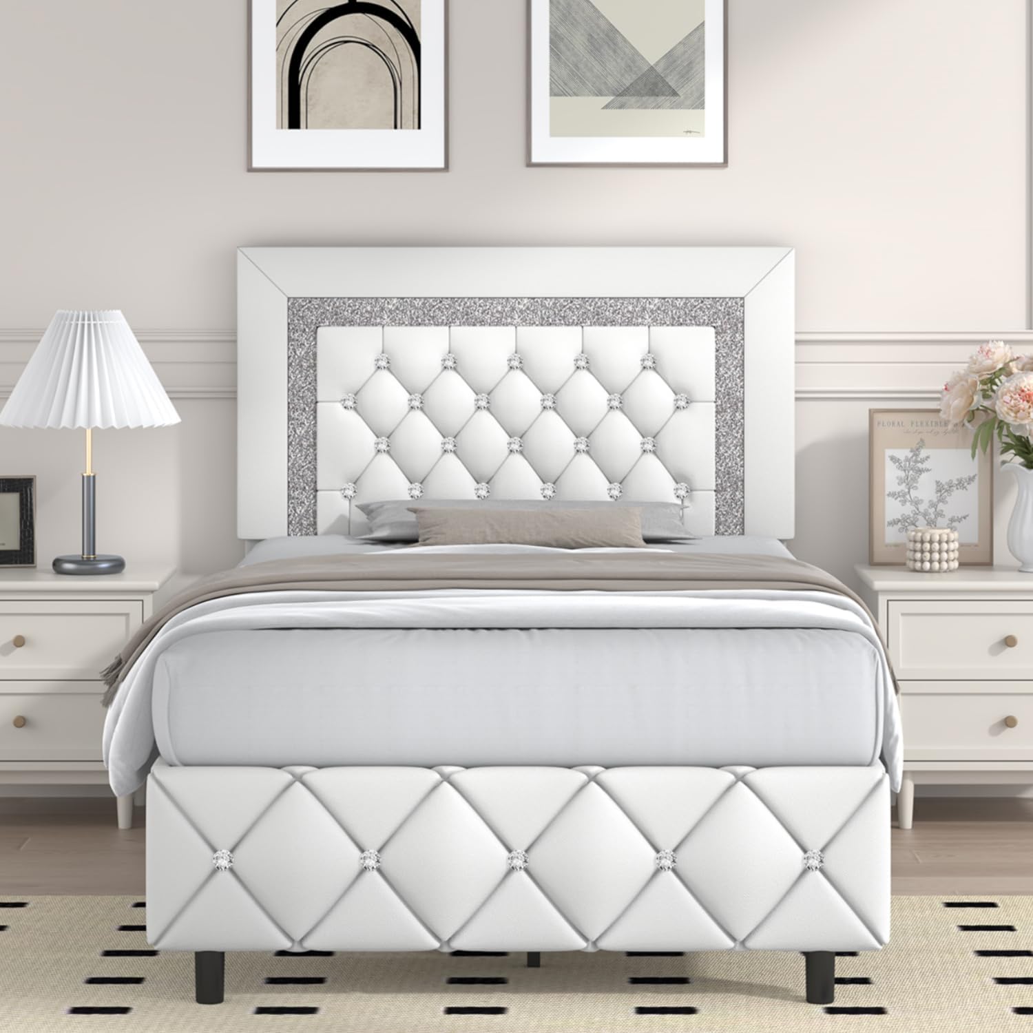 Twin Bed Frame, Faux Leather Platform Bed with Upholstered Diamond Headboard, Mattress Foundation with Strong Wooden Slats Support, No Box Spring Required, Easy Assembly, White