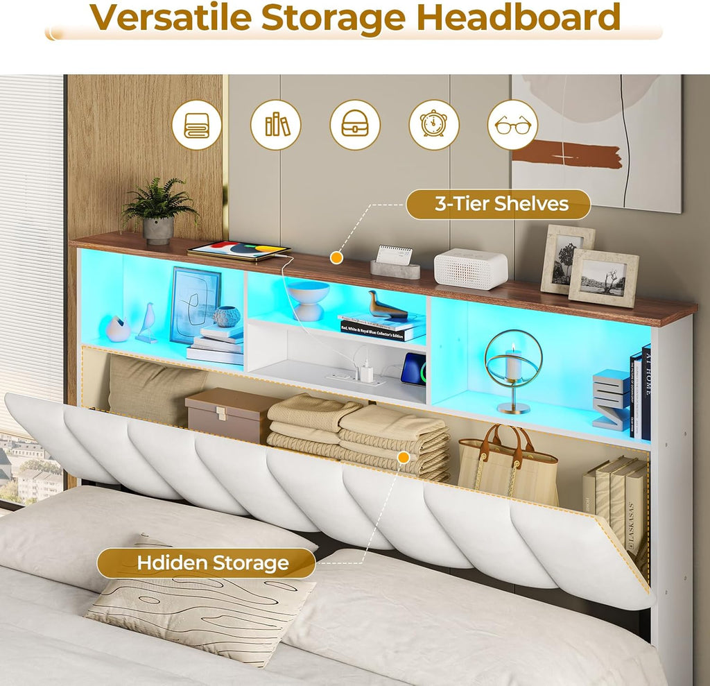 VIAGDO Full Size Bed Frame with Bookcase Headboard, Wooden Bed Frame Full Size with Charging Station, 4 Storage Drawers and LED Lights, with Type-C and USB, No Box Spring Needed, White