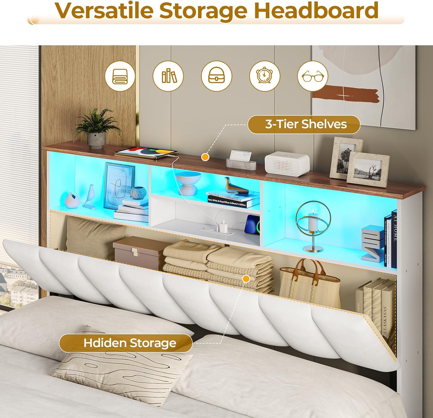 VIAGDO Full Size Bed Frame with Bookcase Headboard, Wooden Bed Frame Full Size with Charging Station, 4 Storage Drawers and LED Lights, with Type-C and USB, No Box Spring Needed, White