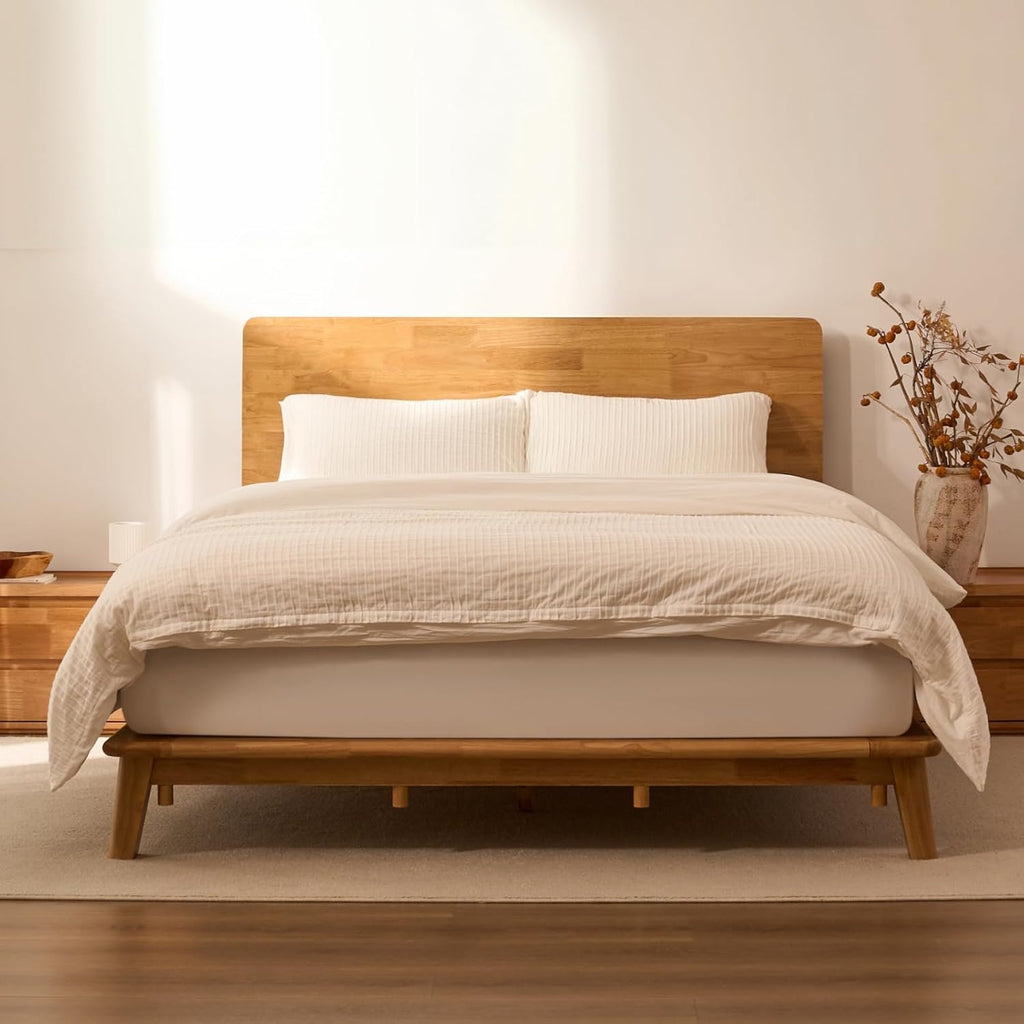 FLEXISPOT Hako G1 1500Ibs Solid Wood Platform Bed Frame King,Rubberwood,Tool-Free Fast Assembly,Low Profile Floating,Storage Shelf&Charging Station,Modern Scandinavian Japanese Minimalist, Natural Oak