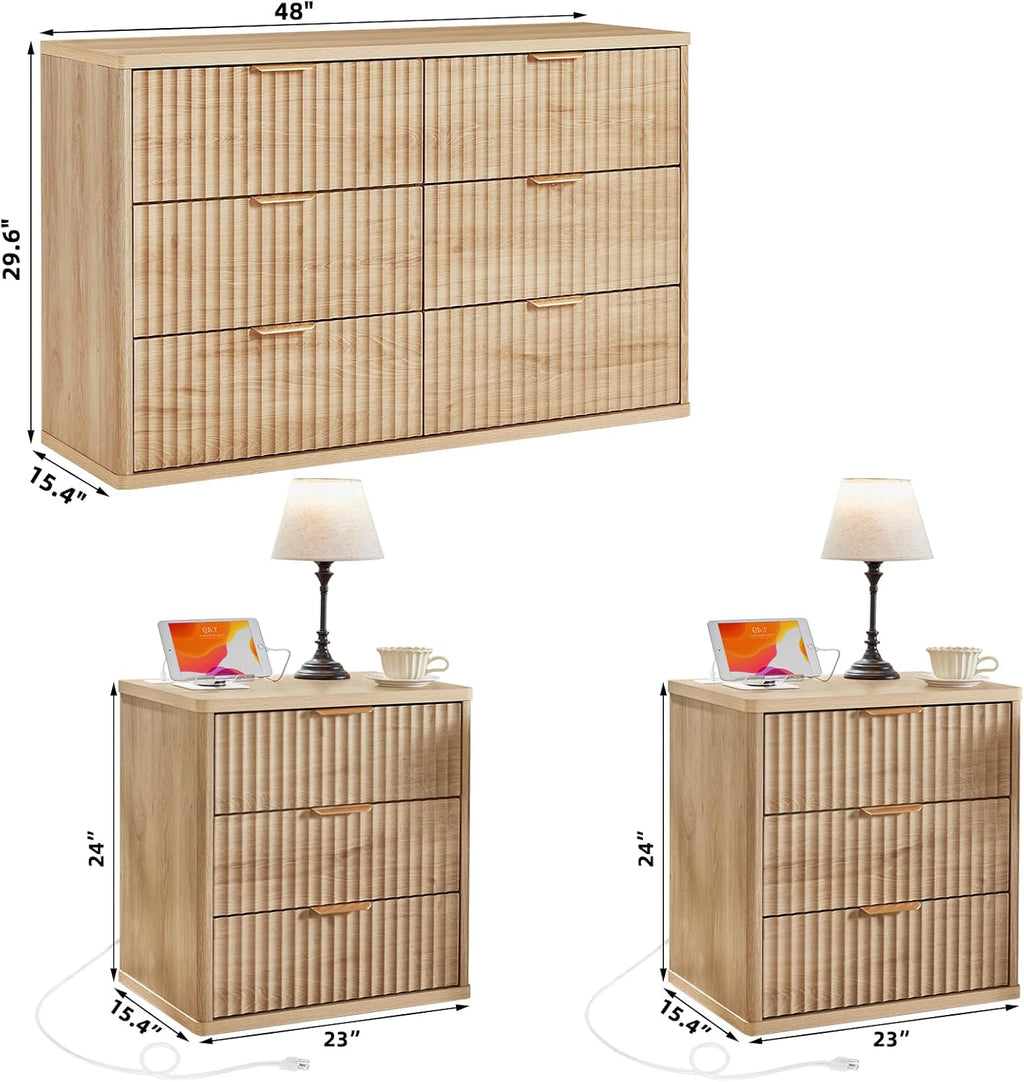 LEYAOYAO 48' Wide Fluted Dresser and 3 Drawers 23' Nightstand Set of 2, Wooden Dresser & Night Stand with Charging Station, 3 Piece Bedroom Furniture Set, Wood Chest of Drawer for Living Room,Natural