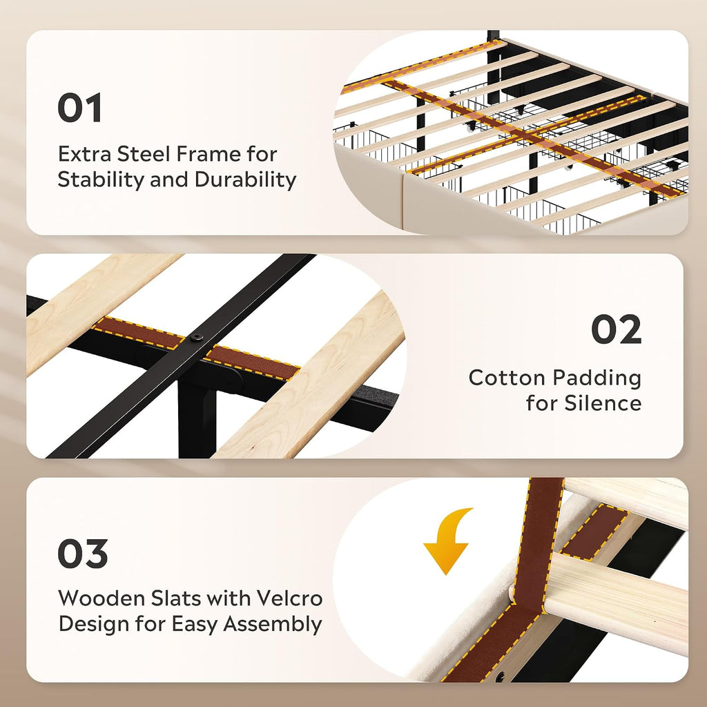 WLIVE Queen Size Upholstered Bed Frame with 4 Storage Drawers and Headboard, Velvet Platform Bedframe, Sturdy Metal & Wooden Slats Support, No Box Spring Needed, Easy Assembly, Beige