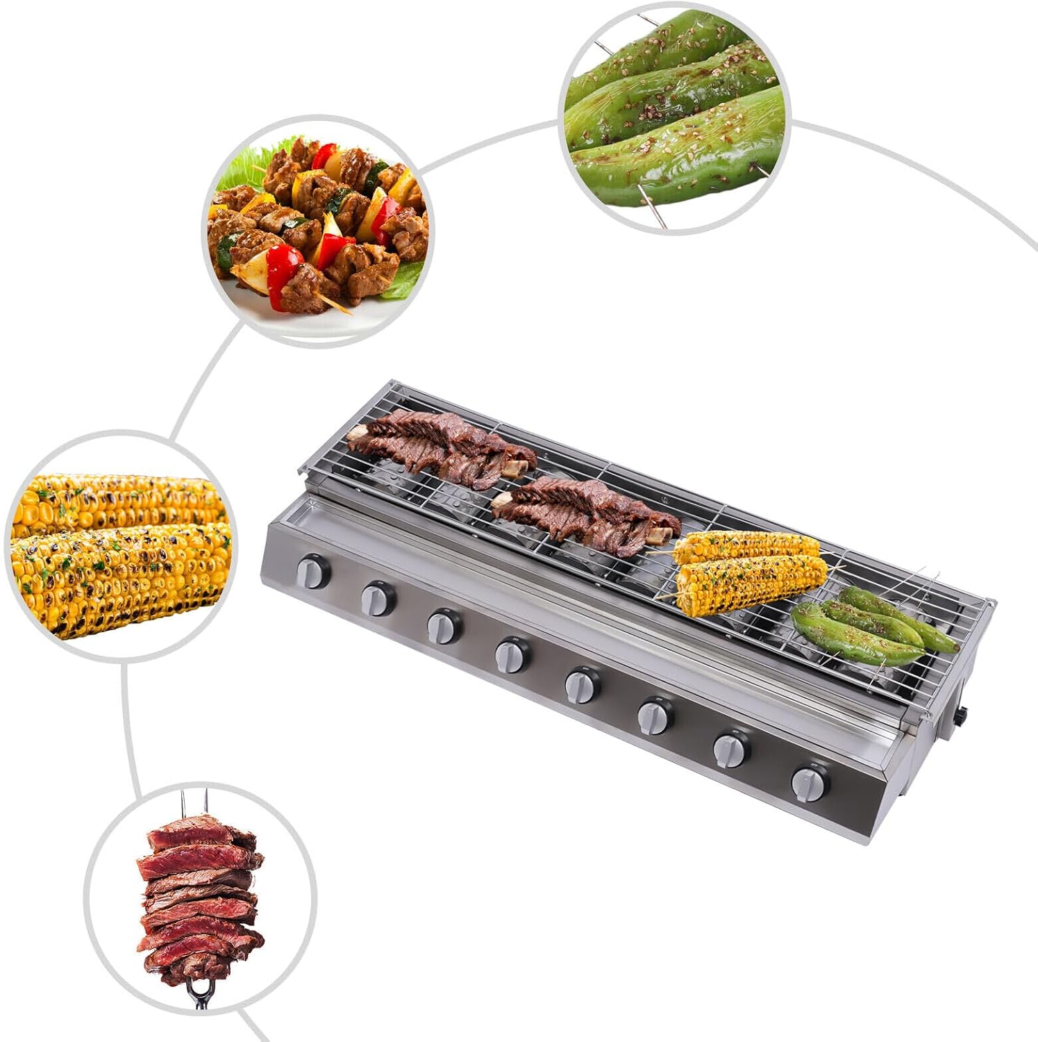 Tabletop Grill Commercial LPG Gas BBQ Grill w/ 8 Burners Portable Gas Barbecues Griddle w/ 8 Independent Switches Gas Grill Griddle for Parties, Backyard barbeques, Camping or Picnicking