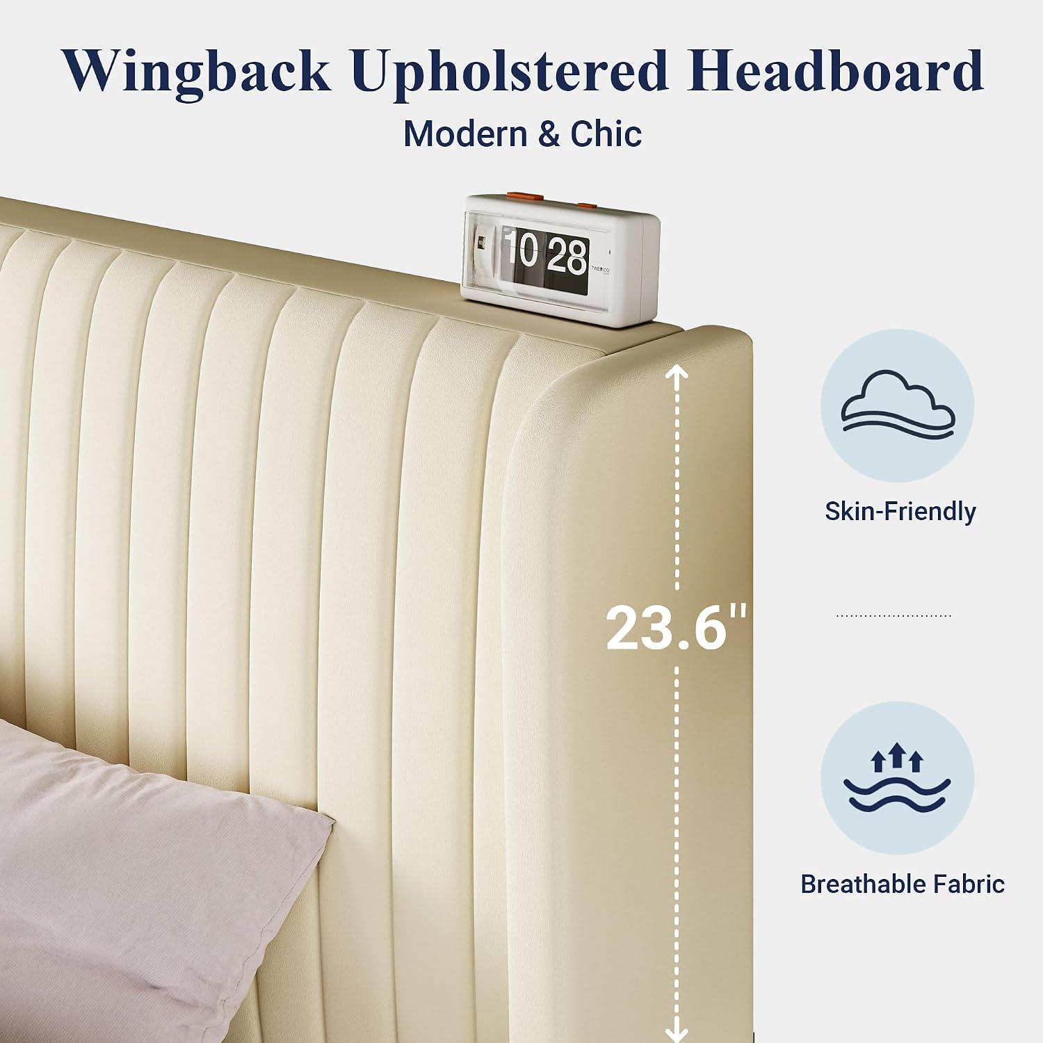 Allewie Queen Size Velvet Bed Frame/Vertical Channel Tufted Wingback Headboard/Upholstered Platform Bed/Strong Wooden Slats/No Box Spring Needed/Easy Assembly/Cream White