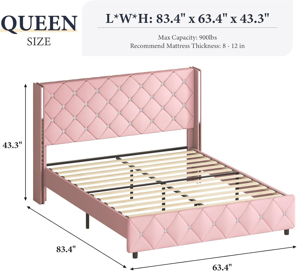 Lullabyre Queen Size Bed Frame, Upholstered Bed Frame with Diamond Tufted Headboard, Modern Silverside Wingback, No Box Spring Needed, Easy Assembly, Pink