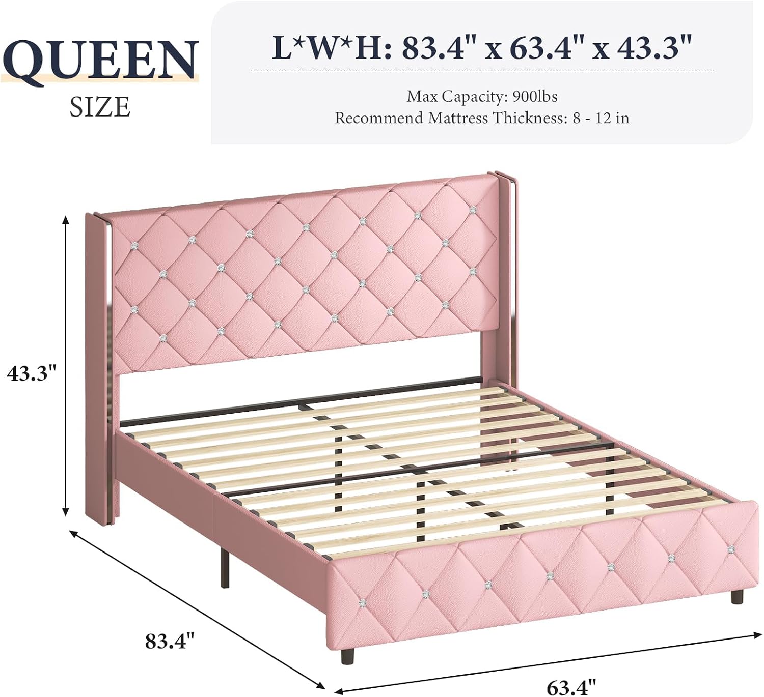 Lullabyre Queen Size Bed Frame, Upholstered Bed Frame with Diamond Tufted Headboard, Modern Silverside Wingback, No Box Spring Needed, Easy Assembly, Pink