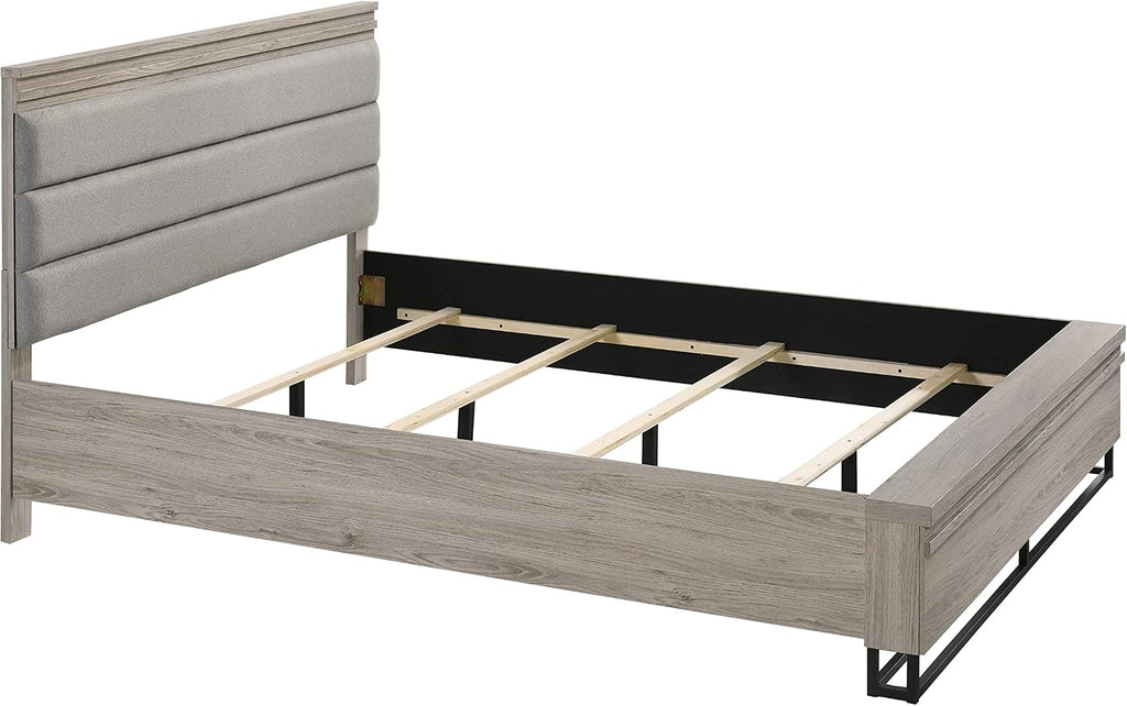 Roundhill Furniture Alvear Upholstered Wood Wallbed Bed with White LED Lights, Dresser, Mirror, Chest, and 2 Nightstands, Queen, Weathered Gray
