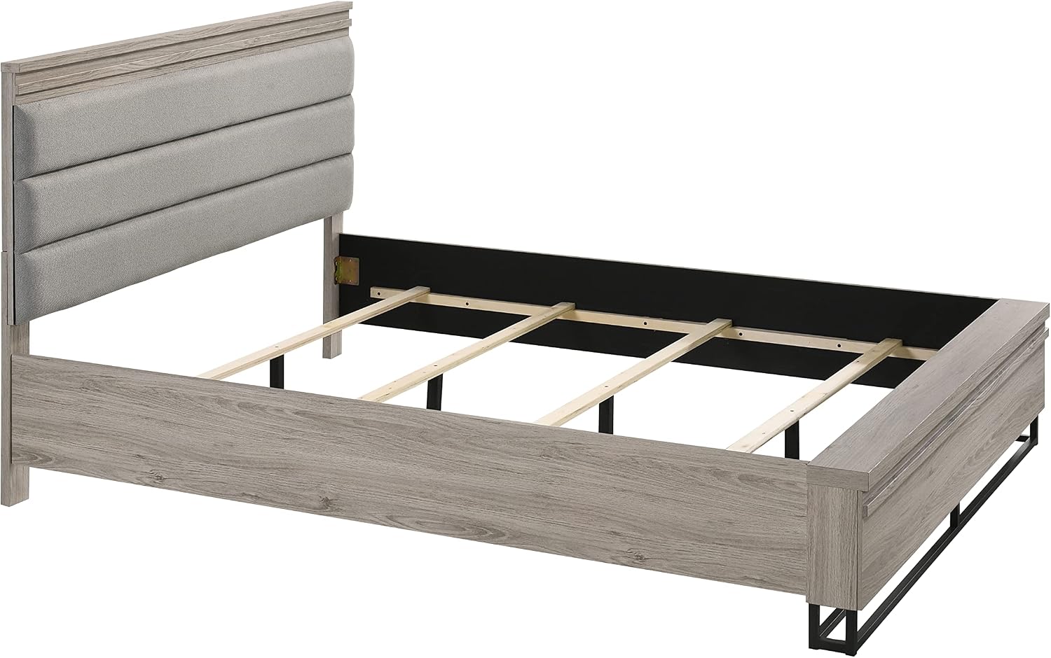Roundhill Furniture Alvear Upholstered Wood Wallbed Bed with White LED Lights, 2 Nightstand, Queen, Weathered Gray