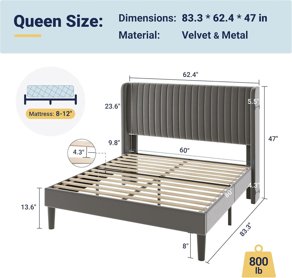 Allewie Queen Size Velvet Bed Frame/Vertical Channel Tufted Wingback Headboard/Upholstered Platform Bed/Strong Wooden Slats/No Box Spring Needed/Easy Assembly/Grey