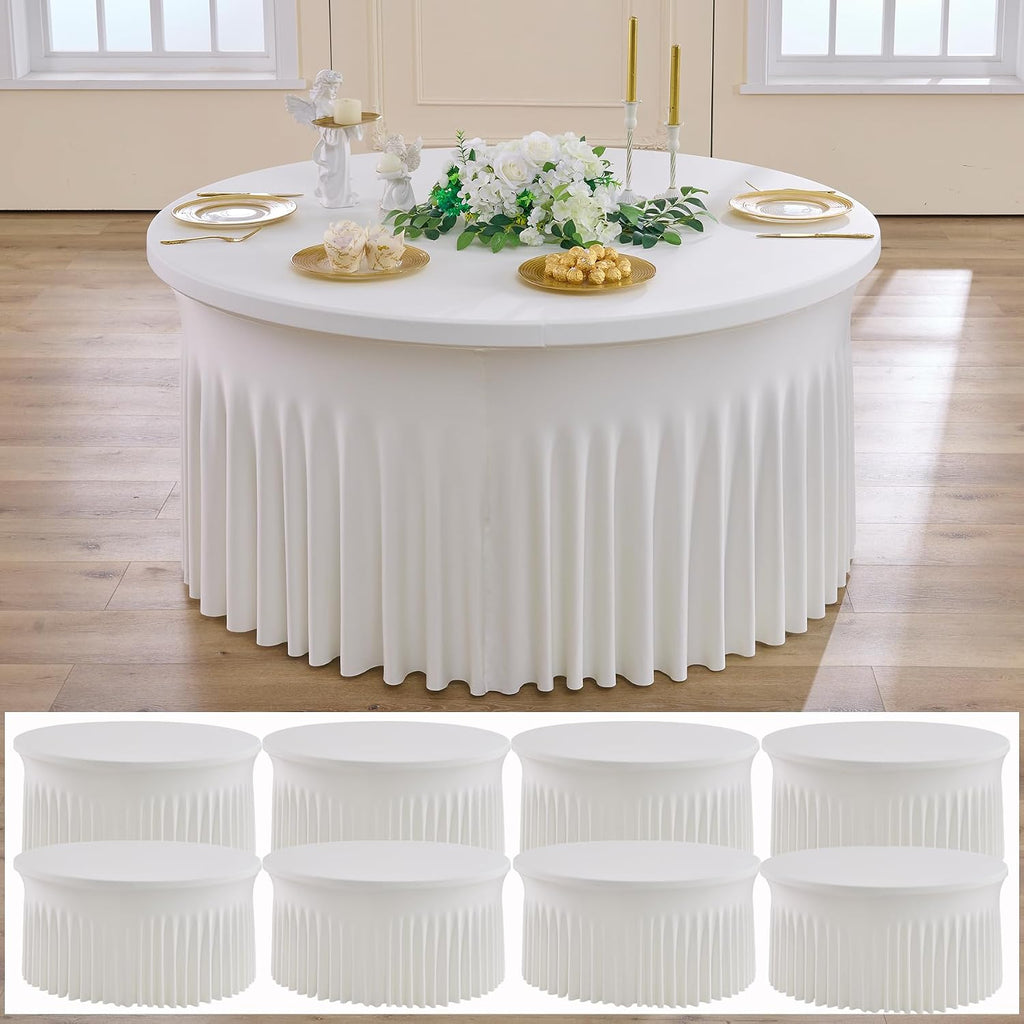 NSSONBEN 8 pk Ivory Round Spandex Tablecloths 60 inch with Ruffled Skirt,Wrinkle Free High-Stretch 120 inch Fitted 5ft Cream Table Cloth Round Spandex Table Covers for Party Wedding Banquet Dinning