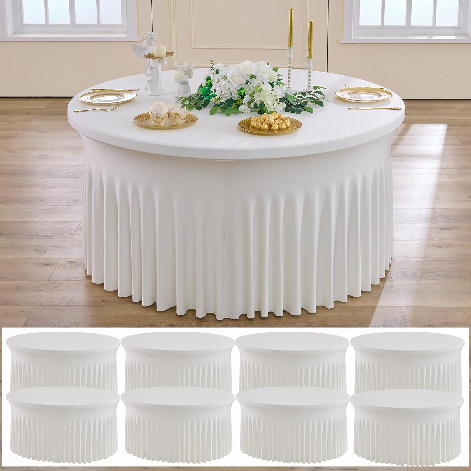 NSSONBEN 8 pk Ivory Round Spandex Tablecloths 60 inch with Ruffled Skirt,Wrinkle Free High-Stretch 120 inch Fitted 5ft Cream Table Cloth Round Spandex Table Covers for Party Wedding Banquet Dinning